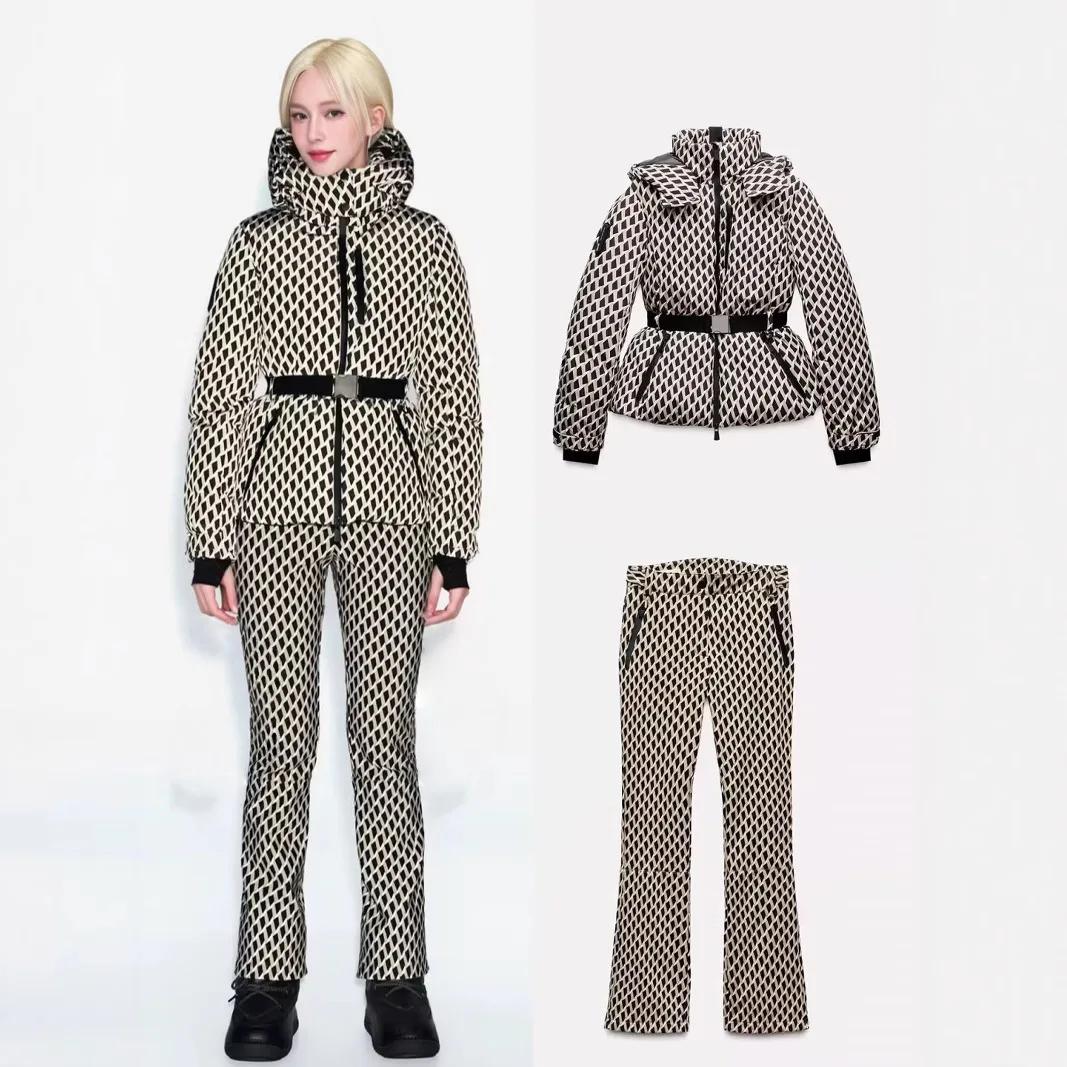 Ensemble de ski deux pièces pour femme, Parka de Sport rembourrée, taille haute, avec ceinture, poch