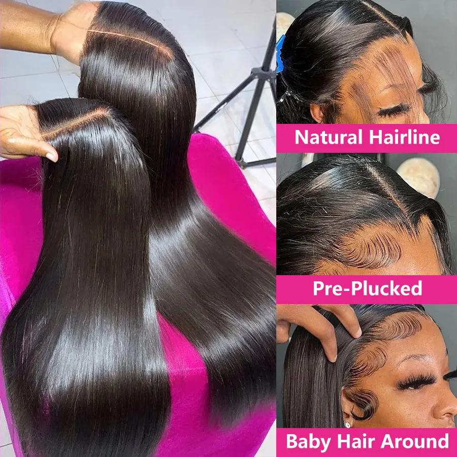 Perruque Lace Frontal Wig 360 transparente, cheveux naturels lisses, 4x4, 13x4, 13x6, 30 32 34 pouce