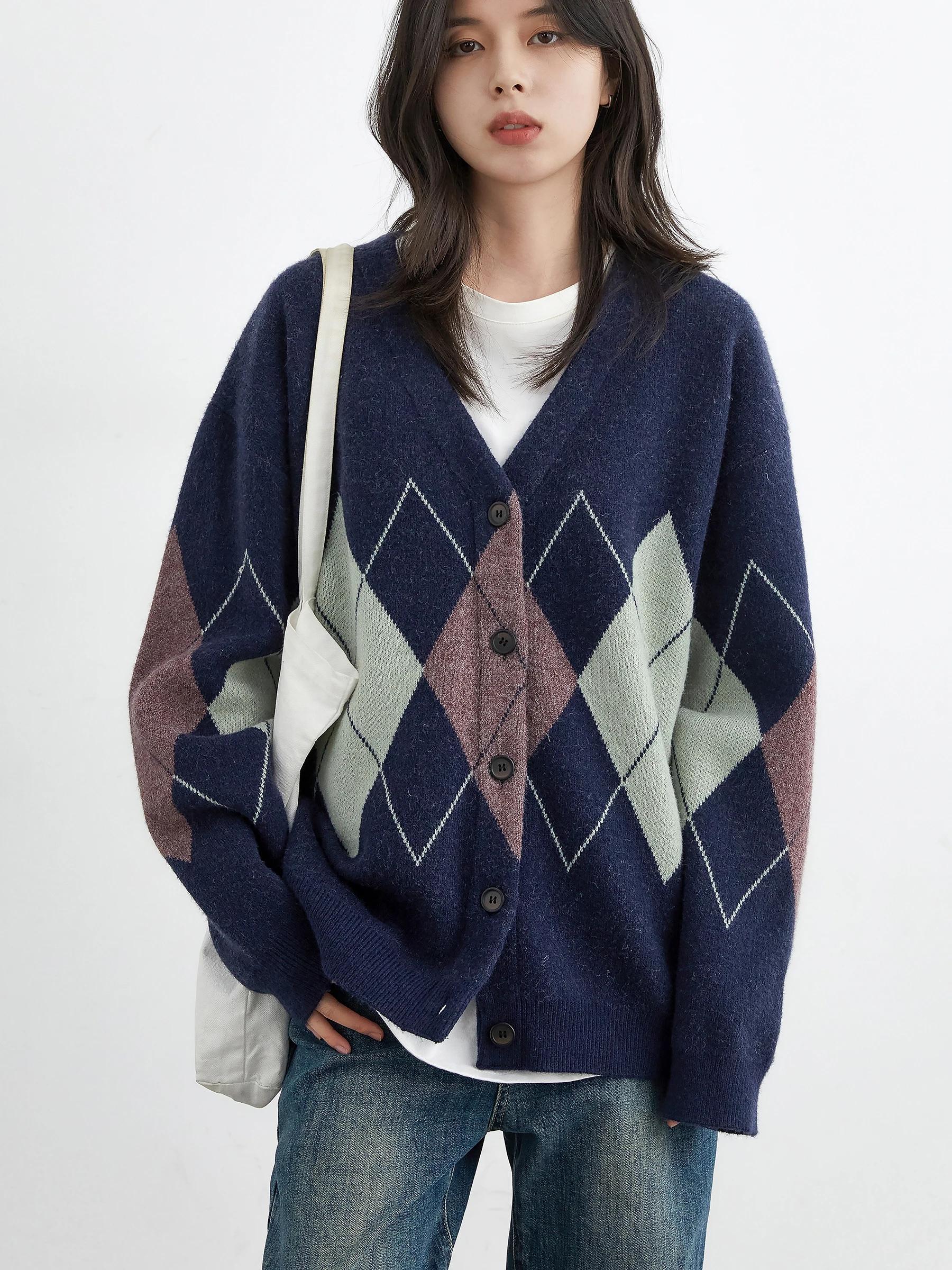 CHIC VEN femmes chandails ample décontracté rétro diamant grille Jacquard tricoté dames Cardigan col