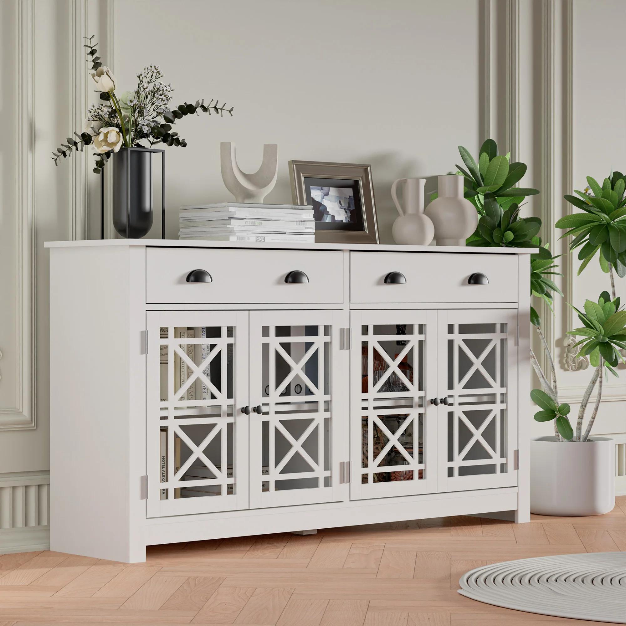 Buffet en bois avec 4 portes en verre acrylique, armoire de bar autoportante, armoire de planche mod