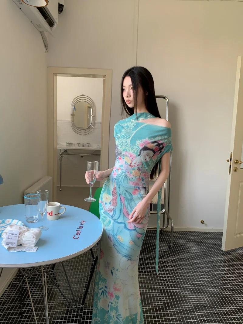 CHEERART mythe fée imprimé Vintage hors de l'épaule robe Maxi femmes maille tuniques moulante longue