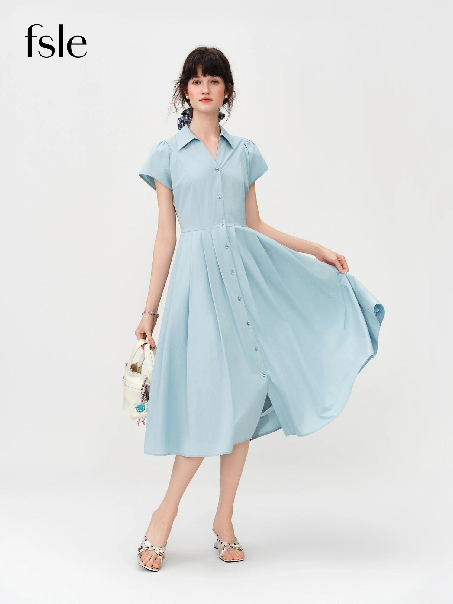Robe plissée midi pour femme FSLE 2026, col en V fendu, coupe ajustée, style chemise, fluide, modern