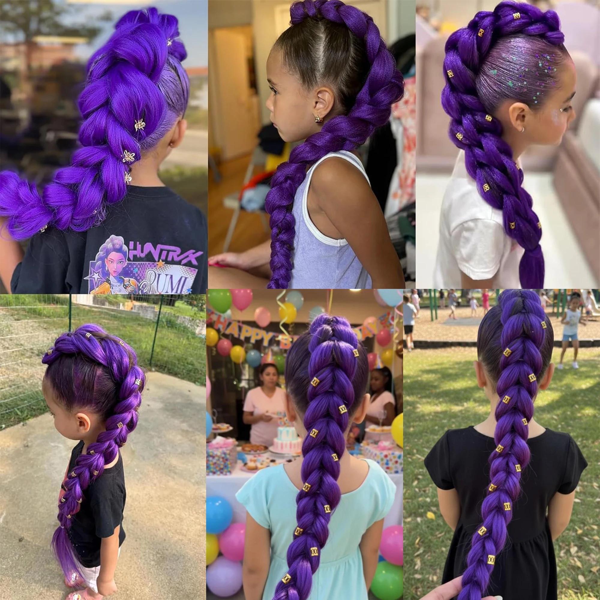 Extension de cheveux synthétiques longue queue de cheval à clipser, tressée violette, pour cosplay, 