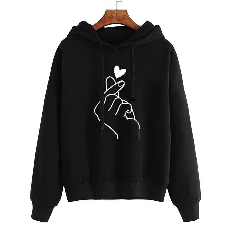 Automne sweat à capuche polaire couleur unie doigt coeur à capuche mode coréenne sweats à manches lo