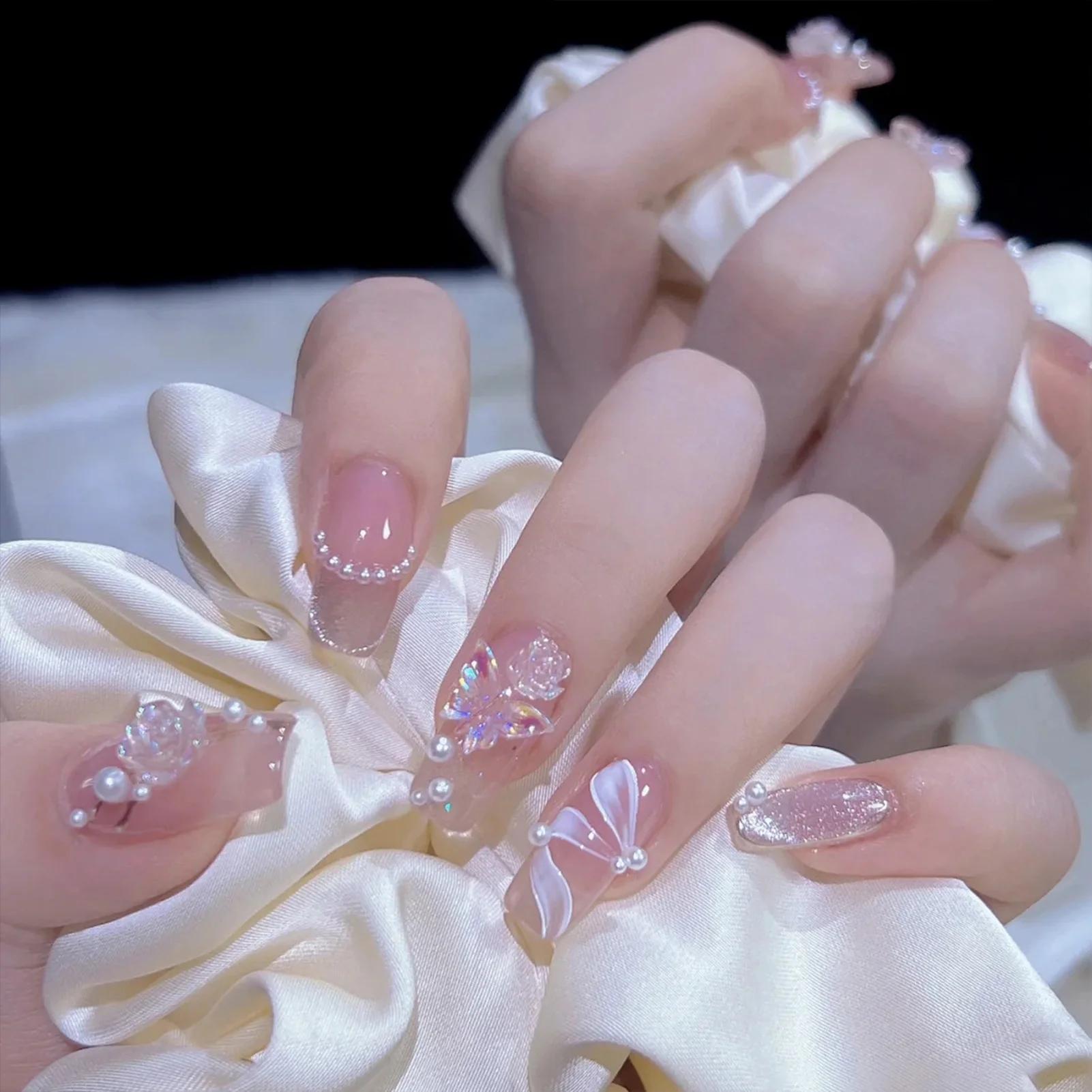 24 pièces faux ongles mi-longs 3D fleur perle conçoit couleur rose chair presse sur ongles ballerine