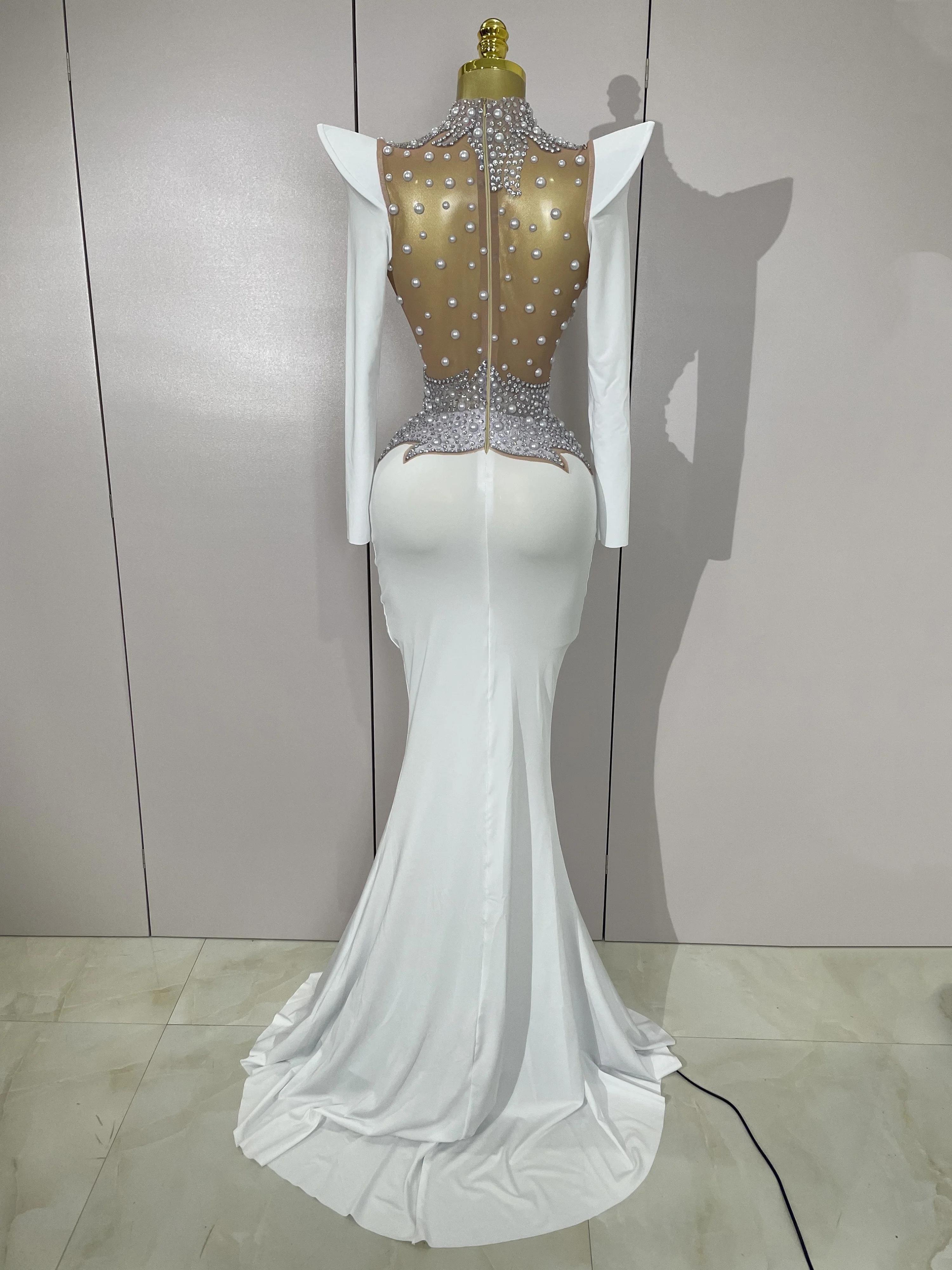 Robe longue de luxe en maille transparente pour femmes, diamants scintillants, blanc perle, robe de