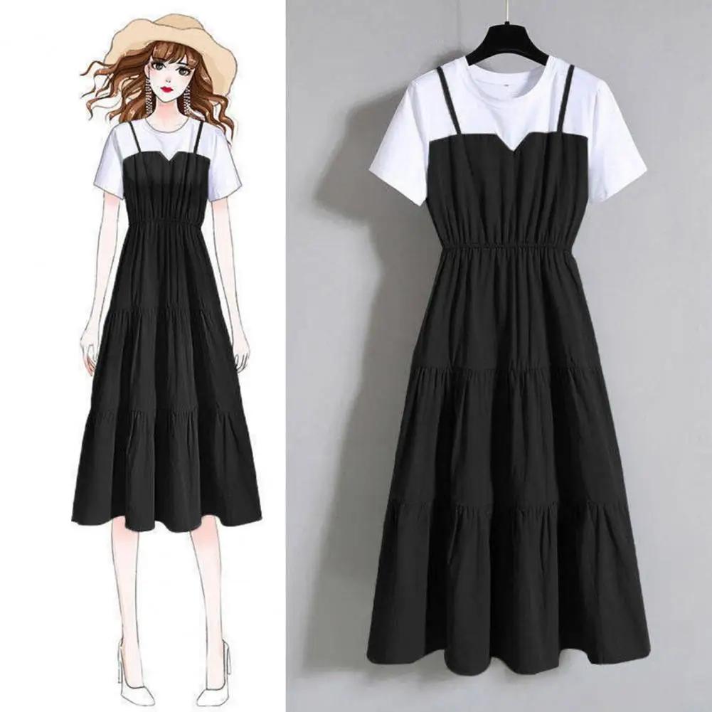 Fausse robe deux pièces à bretelles pour femmes, manches courtes, robe serrée à la taille, mode, été
