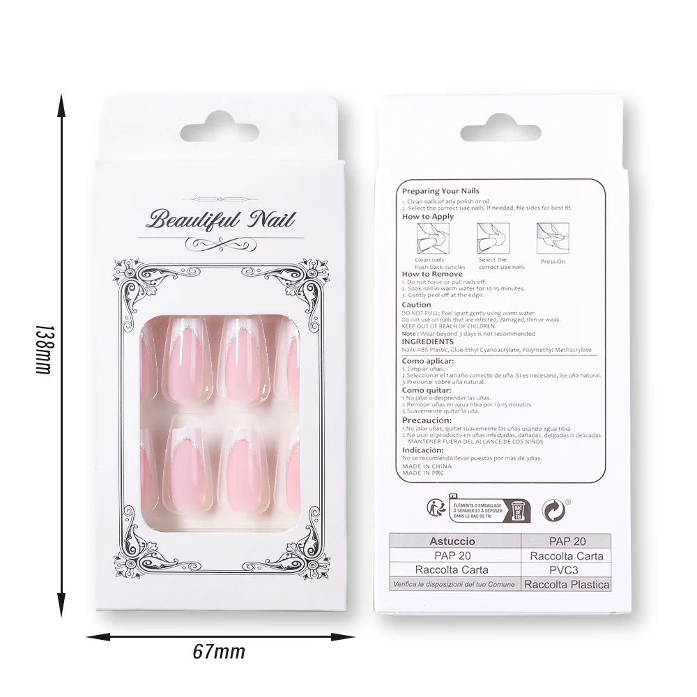 Faux ongles cercueil carrés courts, 24 pièces, à paillettes françaises, portables, couverture complè