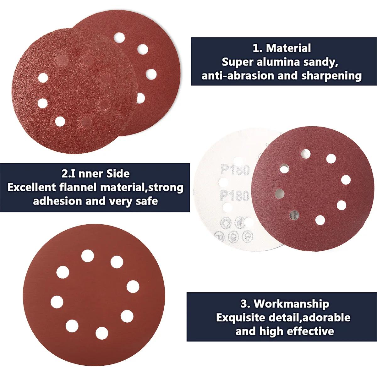 100 pièces 125mm disques abrasifs 8 trous crochet boucle papier de verre 80 grain-3000 grain papier 