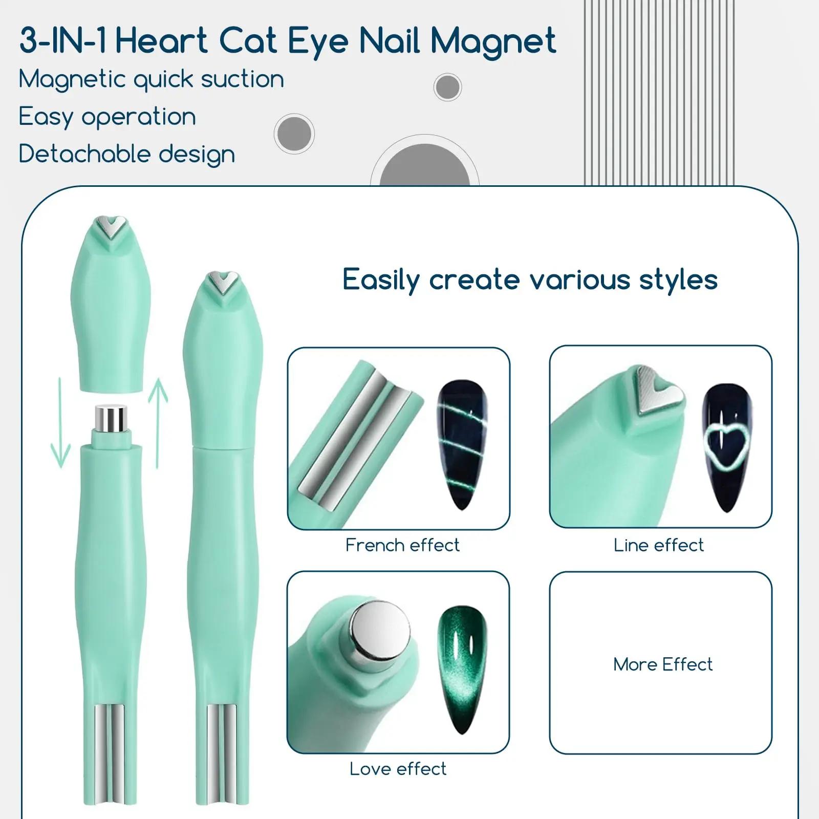 Kit magnétique 3-en-1 pour ongles : stylo magnétique œil de chat, cœur, cylindre, fleur pour nail ar