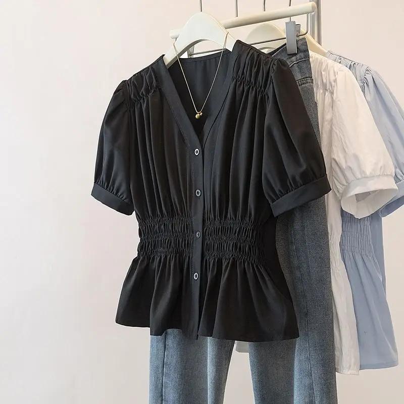 200 livres grande taille taille élastique bureau dame tendance chemise et chemisier à manches courte