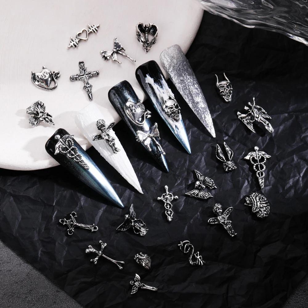 Mélange de styles pour Nail Art d'halloween, breloque croix argentée rétro 3D, décoration d'ongles p