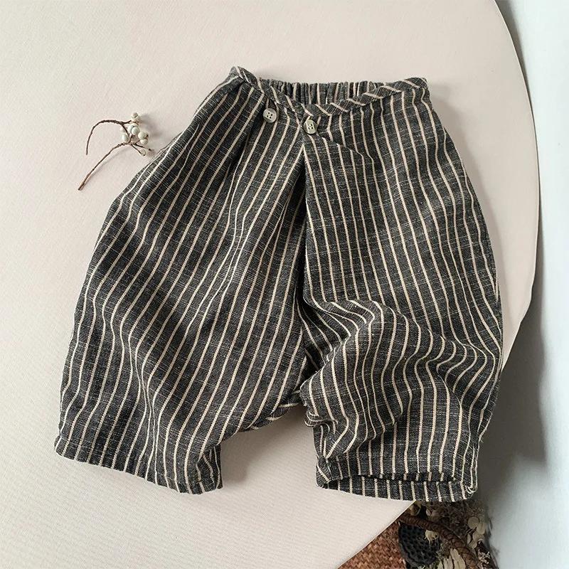 Pantalon rétro rayé en coton et lin pour enfants, pantalon large décontracté japonais, garçons et fi
