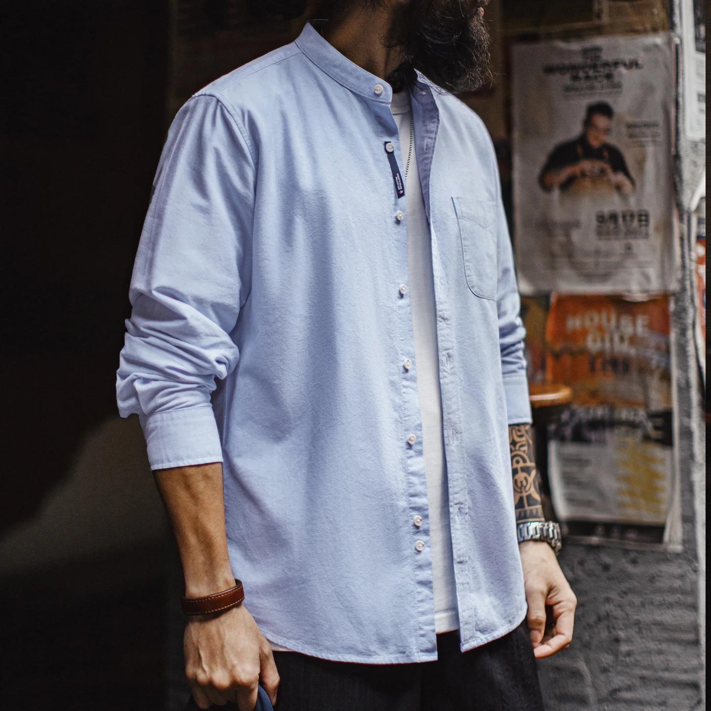 Chemise en coton Oxford à col rond pour homme Maden, manches longues, décontractée, unie, à simple b
