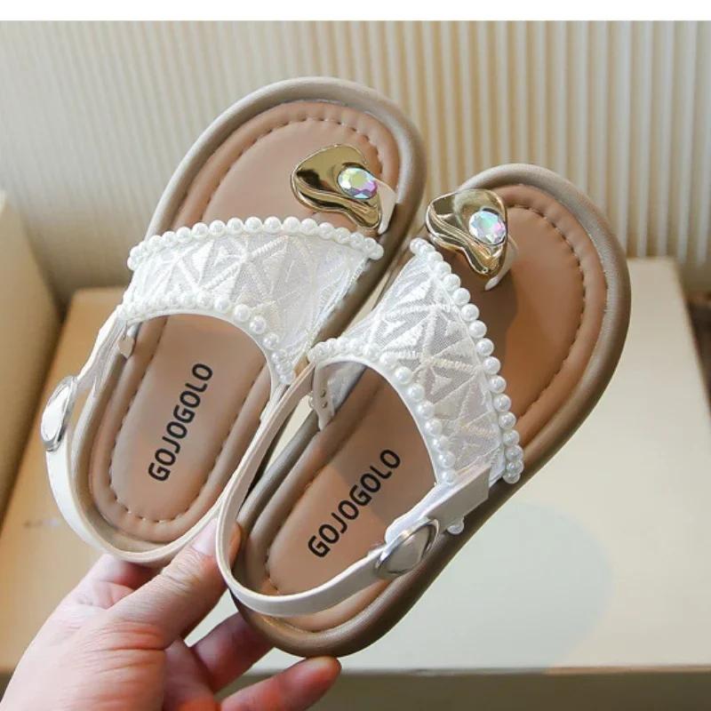 2025 été nouveaux enfants princesse perle Cool pantoufles pour fille anti-dérapant plage sandales or