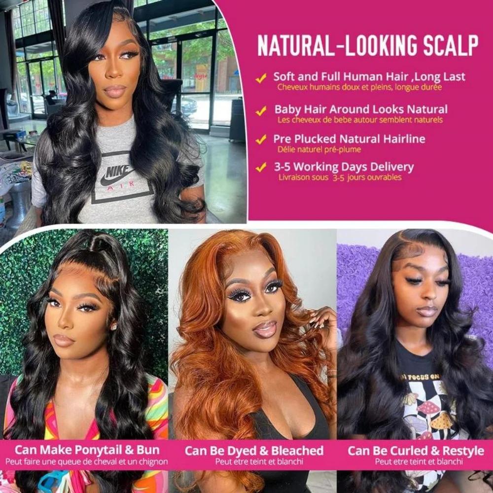 Perruque Lace Frontal Wig brésilienne naturelle, cheveux humains, Body Wave, densité 250%, 13x4, 13x