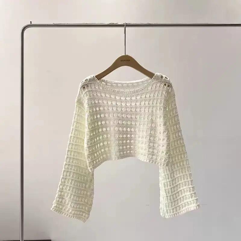 Haut en tricot au Crochet à manches longues pour femmes, Cover-Up pour Bikini de plage, pull court e