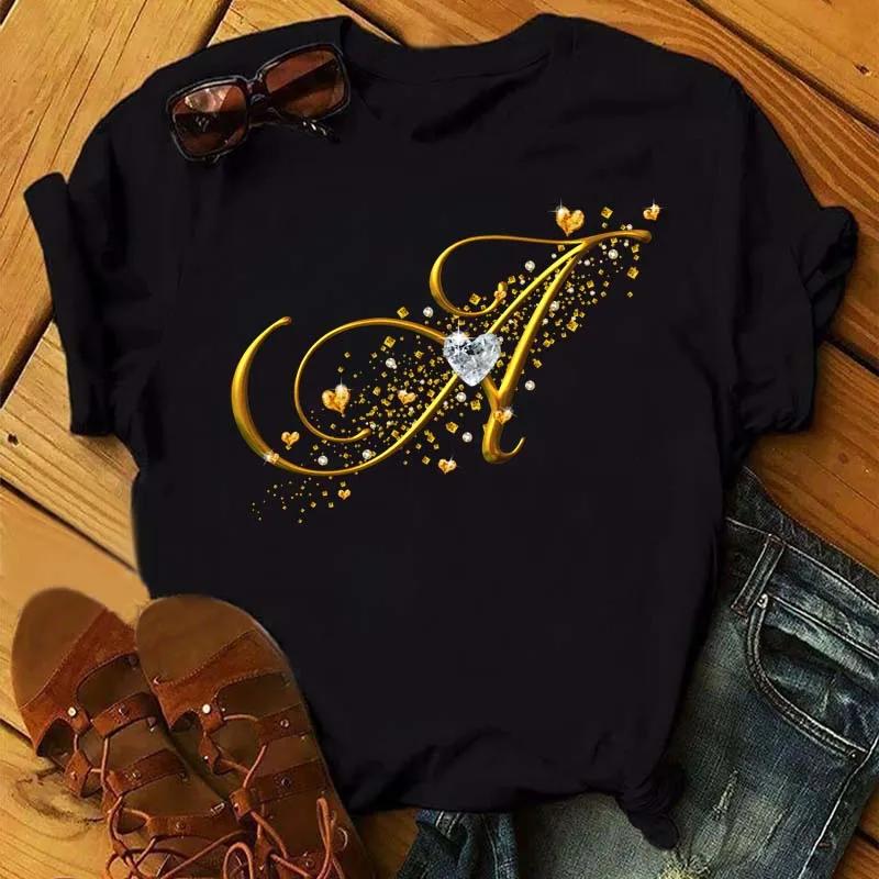 T-shirt à manches courtes personnalisé pour femme, lettre de nom BLOFashion, police de lettre d'or d