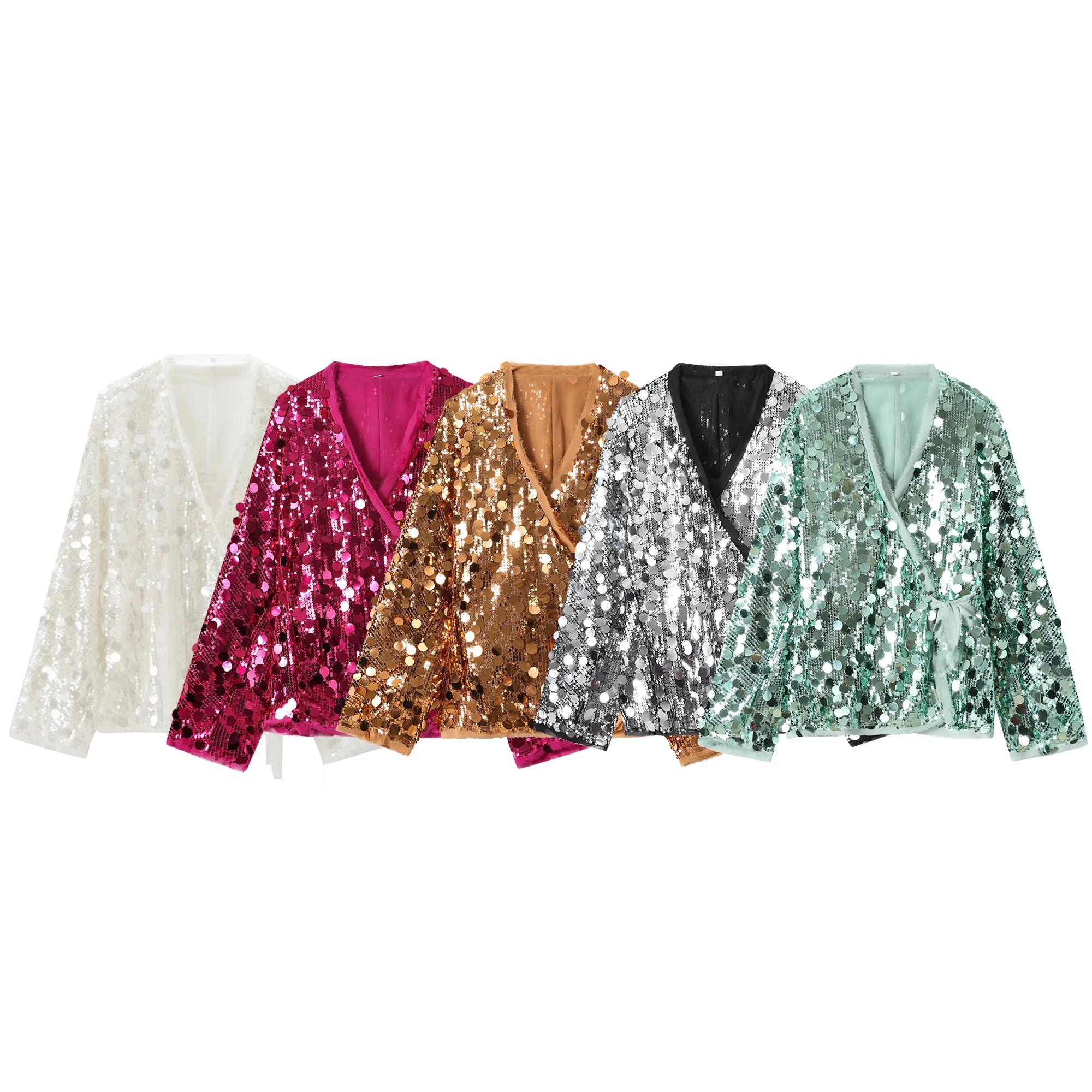 Mode à lacets paillettes Patchwork Kimono femmes Chic col en V manches longues veste ample automne n
