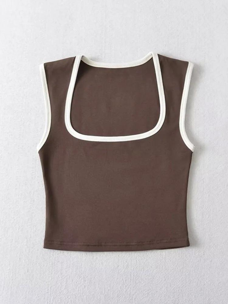 Débardeur sans manches pour femme, Slim, couleur contrastée, décontracté, col carré, haut court, vêt