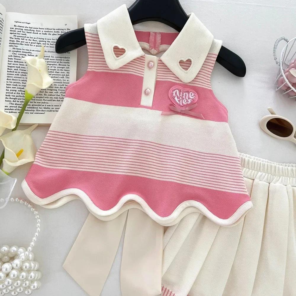 Vêtements roses pour filles de 2 à 9 ans, T-shirt rayé imprimé amour + jupe plissée, ensemble 2 pièc