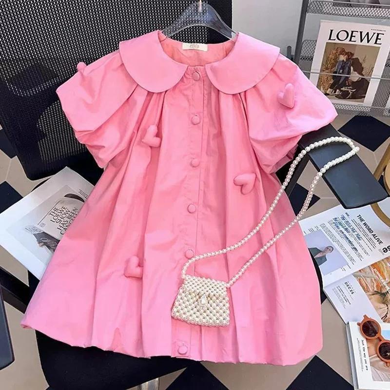 Robe d'été mignonne pour filles de 2 à 10 ans, décoration de bijoux en forme de cœur, col rabattable