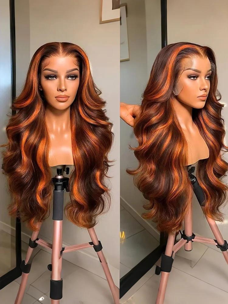 Perruques Body Wave Ombrées 4/350 avec Mèches, Perruque Lace Frontale 13x6 en Cheveux Humains, Coule