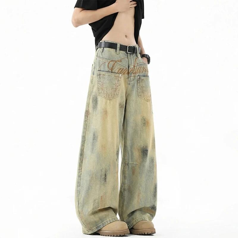 Jean vintage pour homme, délavé, effet vieilli, broderie script, coupe oversize, jambe large, style