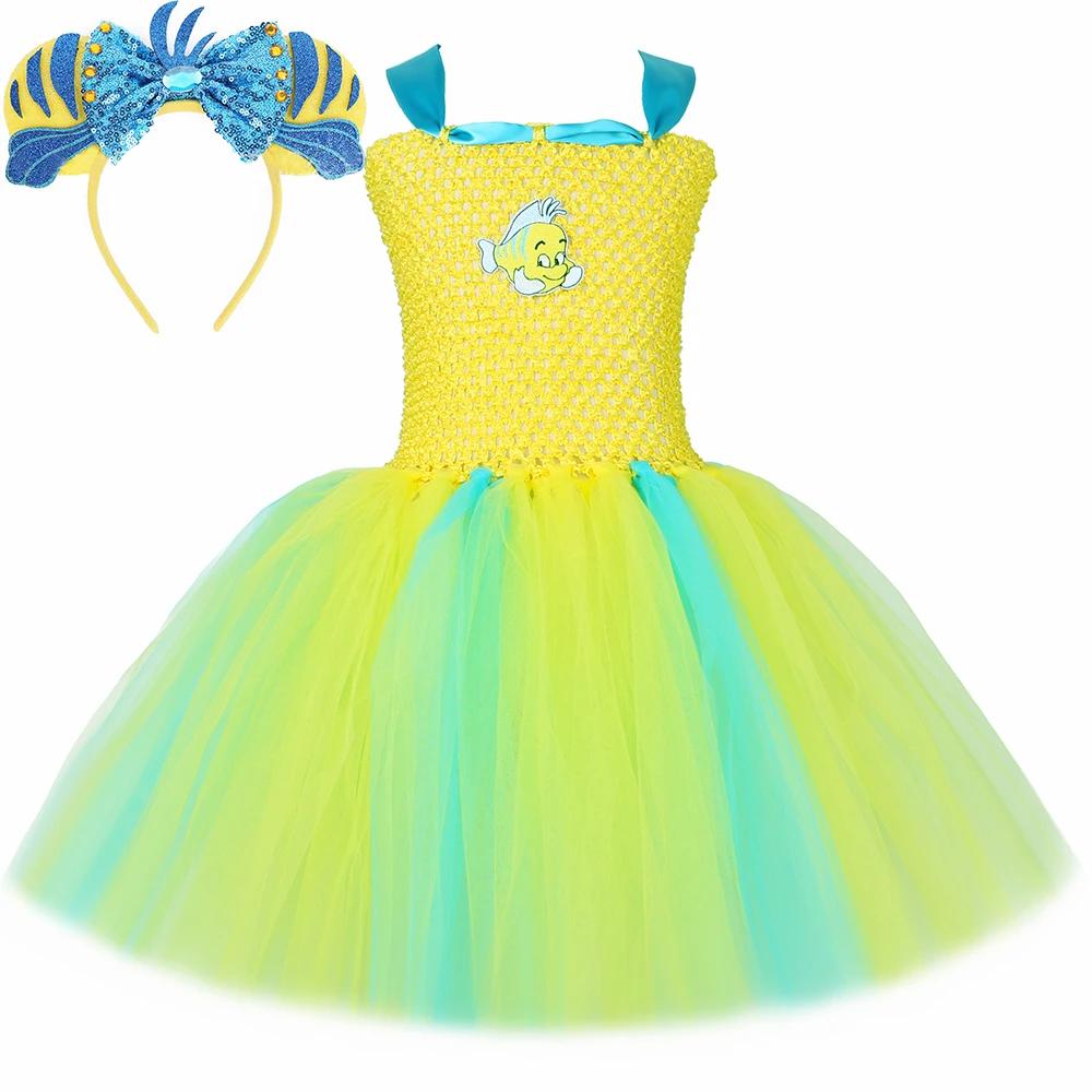 Costume de flétan pour tout-petits, petite sirène, robe tutu jaune de poisson tropical, robe de fête