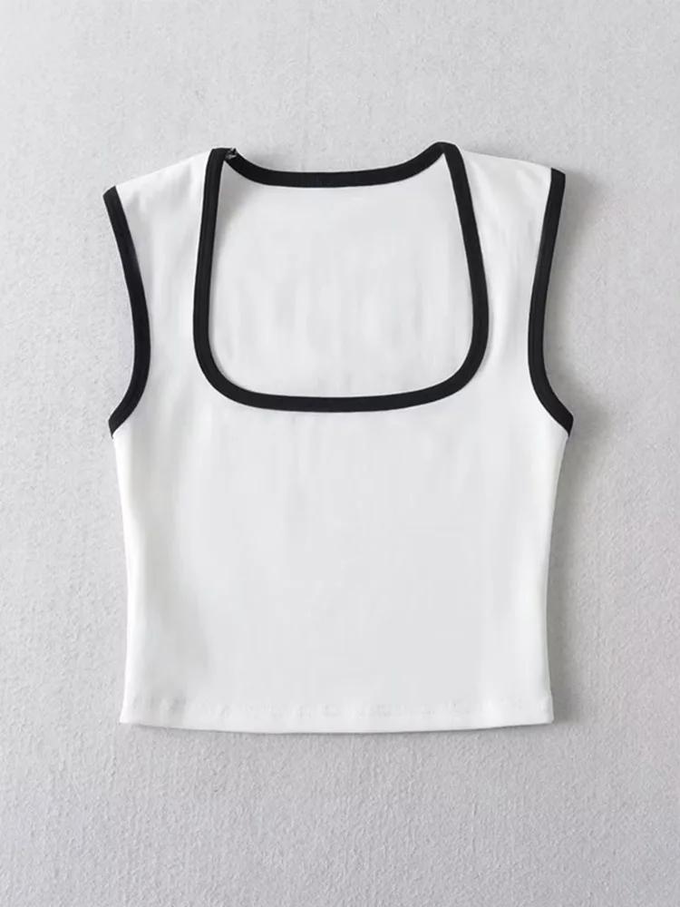 Débardeur sans manches pour femme, Slim, couleur contrastée, décontracté, col carré, haut court, vêt