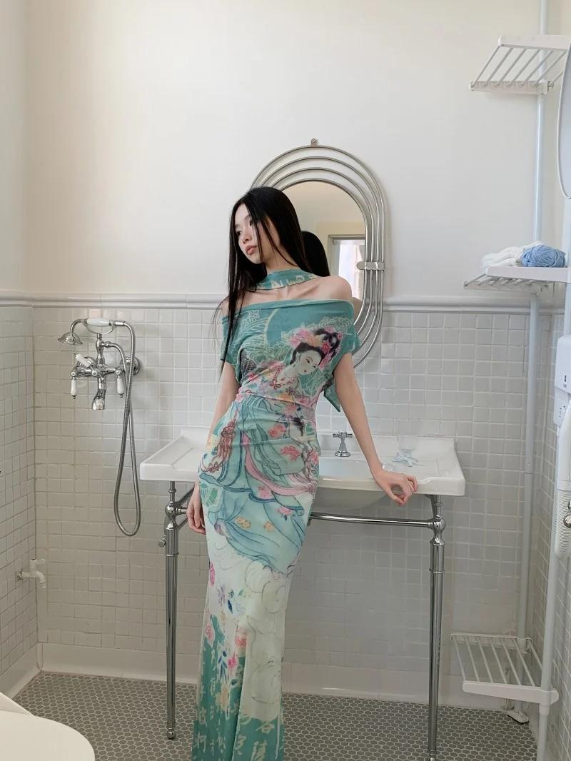 CHEERART mythe fée imprimé Vintage hors de l'épaule robe Maxi femmes maille tuniques moulante longue