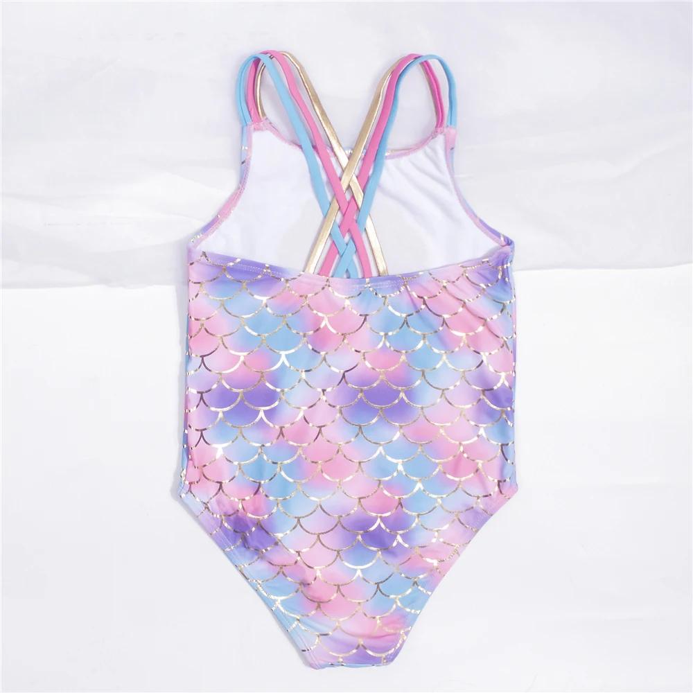 Maillot de bain une pièce pour filles et enfants, motif écailles de poisson, broderie en forme de co