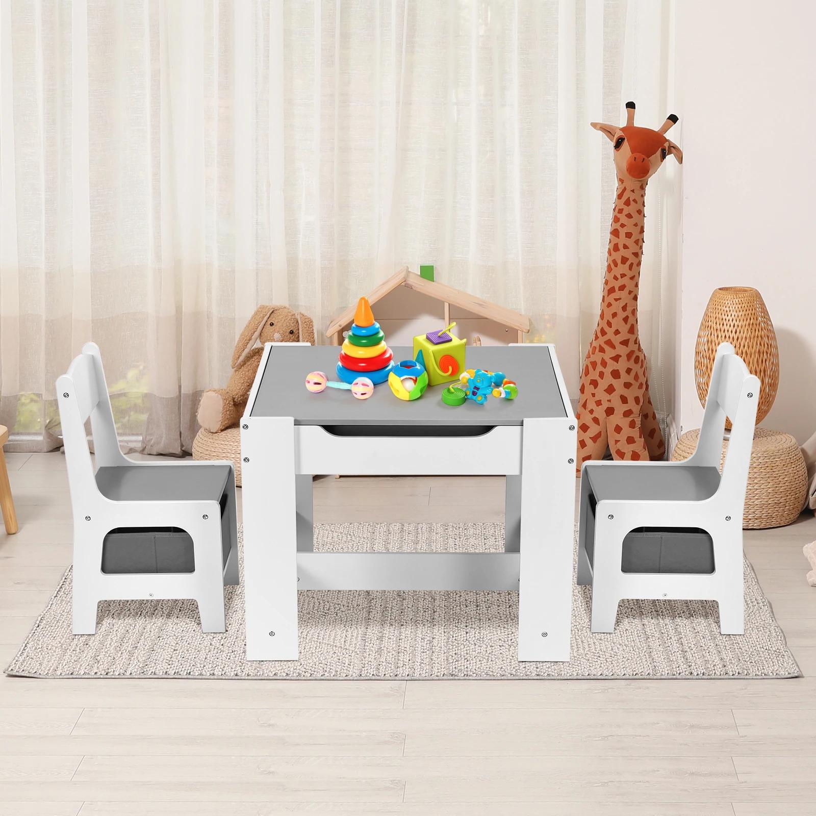 AOOU-Ensemble de table et 2 chaises pour enfants, table d'activité en bois 3 en 1, poignées amovible