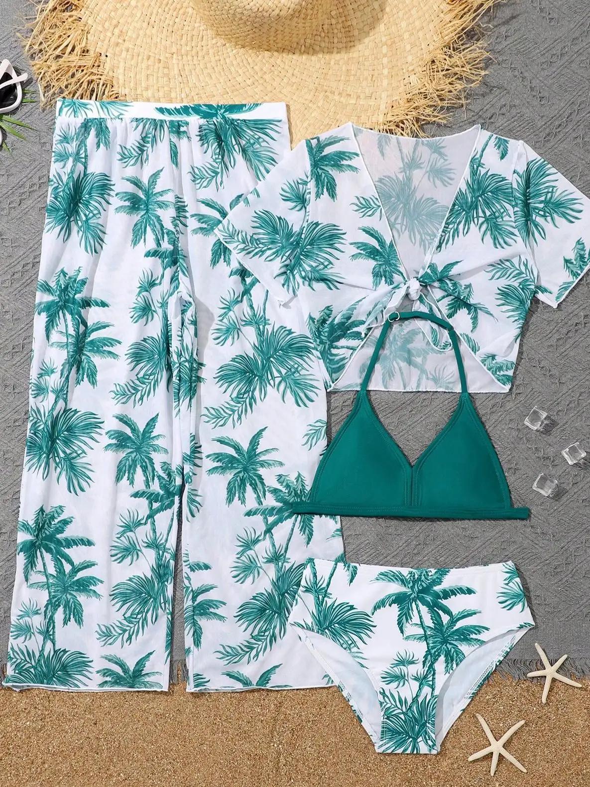 Ensemble de 4 pièces de maillots de bain pour filles 2026 : Haut et bas de bikini, tenue de bain pou