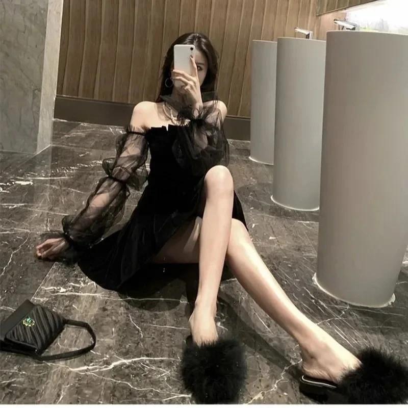Nouveau 2025 noir rétro robe femmes dentelle mousseline de soie Mini robe femme haute rue Sexy mode 