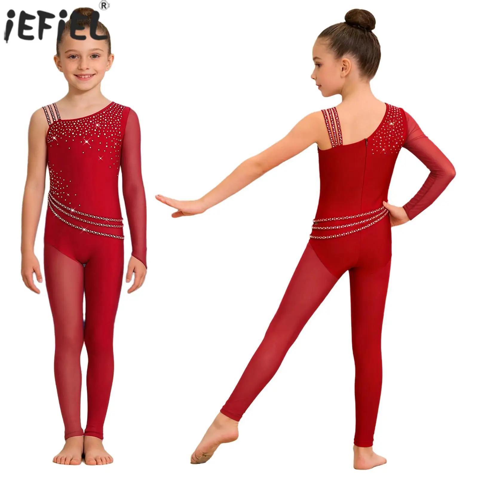 Justaucorps de danse et de gymnastique pour filles, avec strass scintillants, maille asymétrique, co