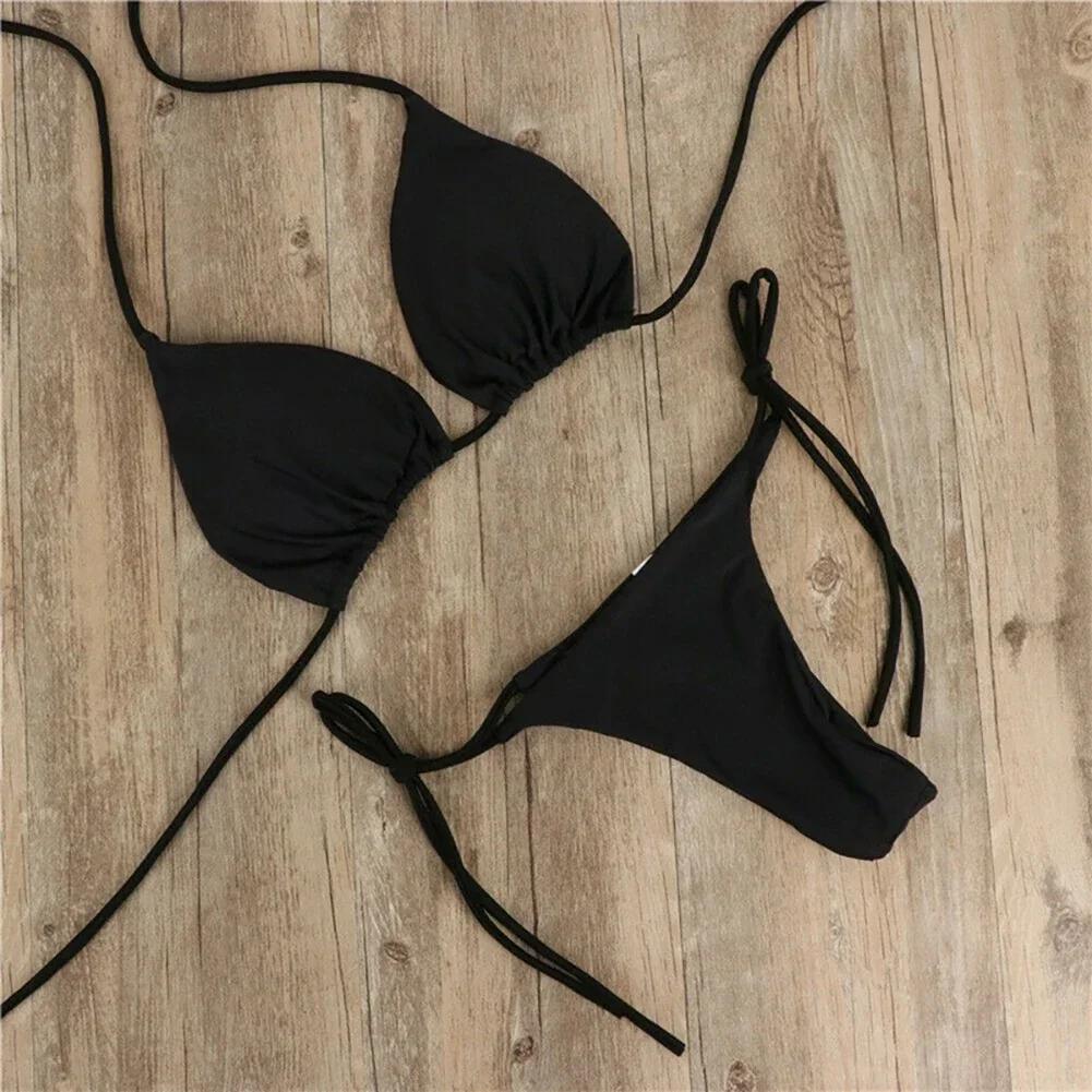 Maillot de bain à lacets pour femmes, couleur unie, Style col suspendu, Triangle réglable, Sexy, pla