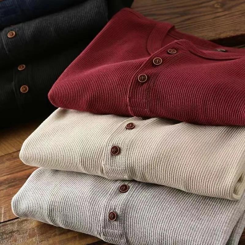 T-shirt basique pour hommes, coupe cintrée, décontracté, Henley gaufré, chemises à manches longues, 