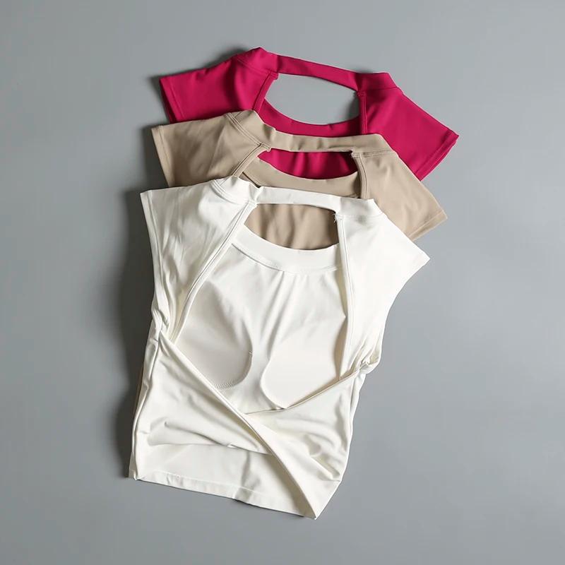 T-shirt sport femme dos nu fixe coussin poitrine - Haut yoga ajustement serré séchage rapide pour entraînement