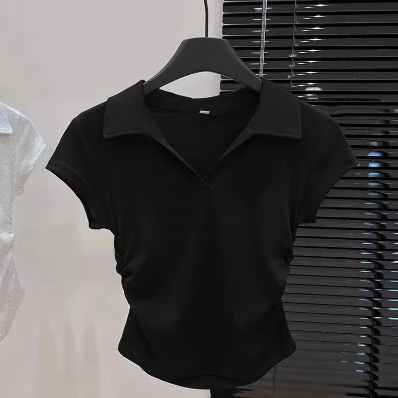 Coton été Sexy femmes t-shirt maigre mince basique solide haut court à manches courtes Polo t-shirt 