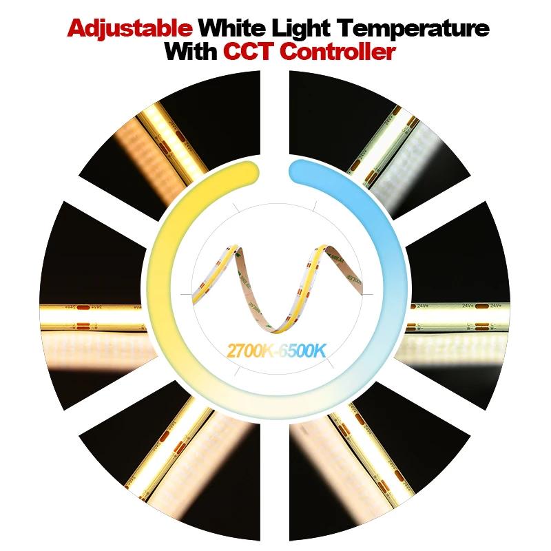 Bande lumineuse LED COB CCT, 608 LED s/m, haute densité, Flexible, variable, 2700K à 6500K, éclairag