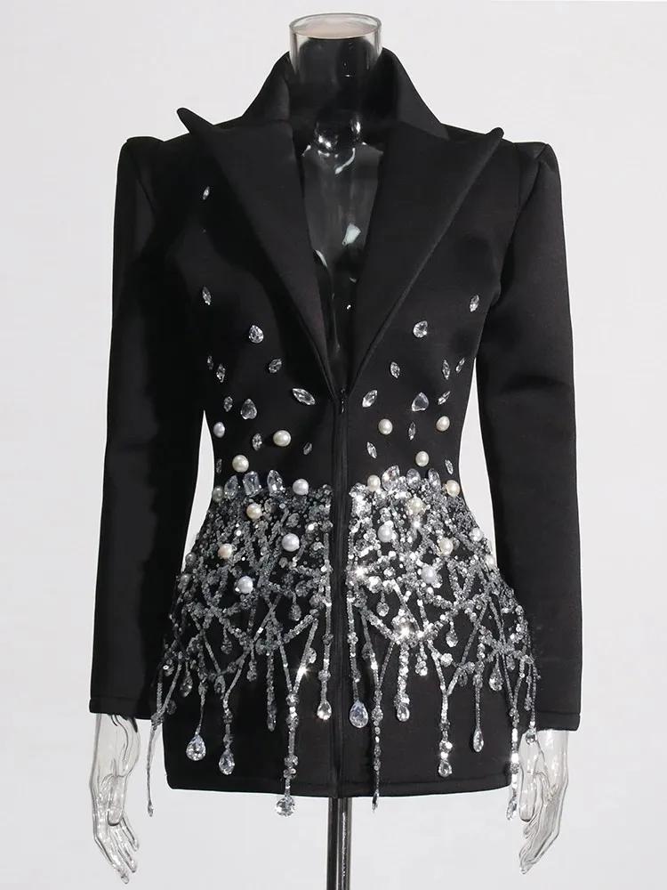 DEUX TWINSTYLE Patchwork Paillettes Tempérament Robe Pour Les Femmes Revers À Manches Longues Taille