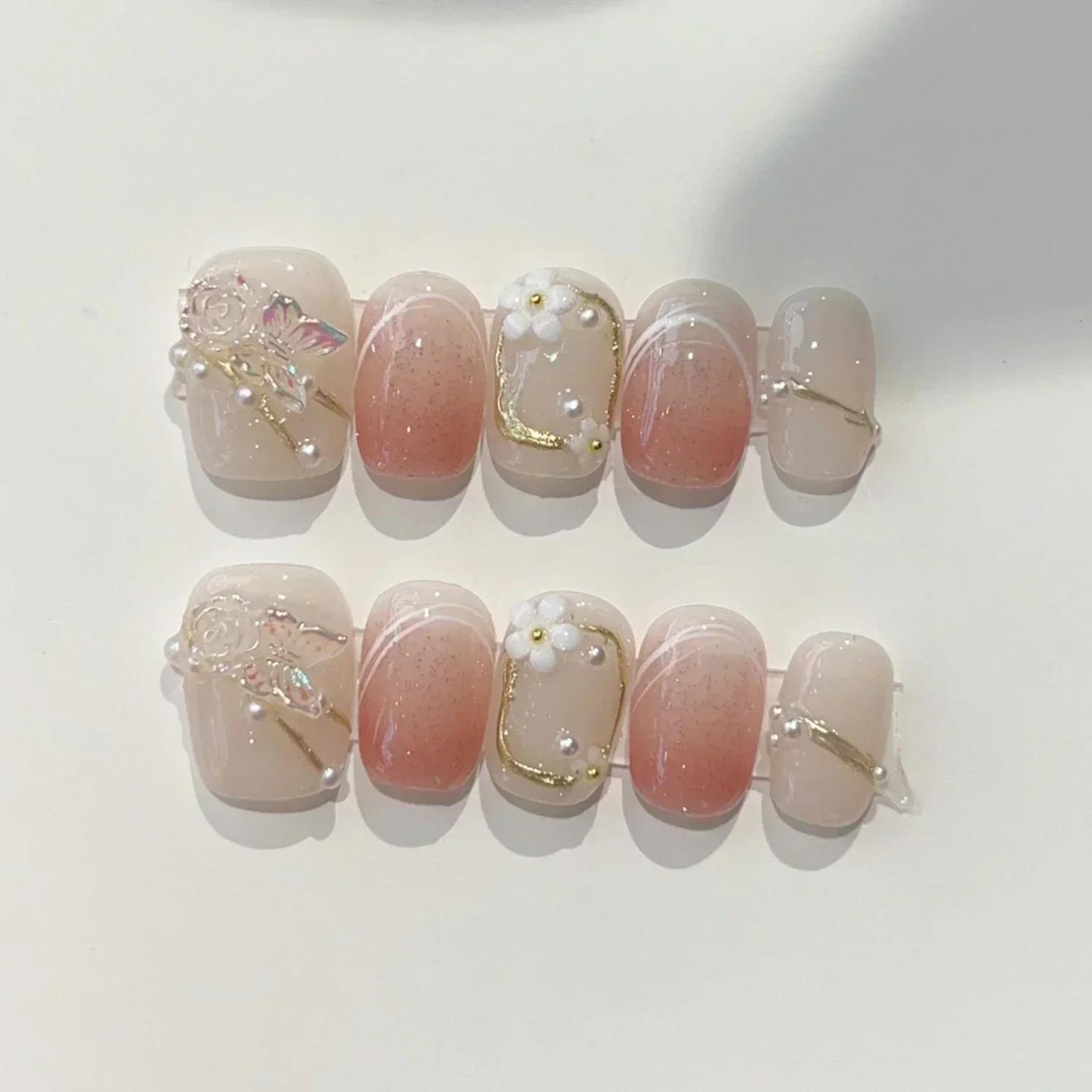 10 pièces rose à la main presse sur les ongles couverture complète ours coeur conception courte rond
