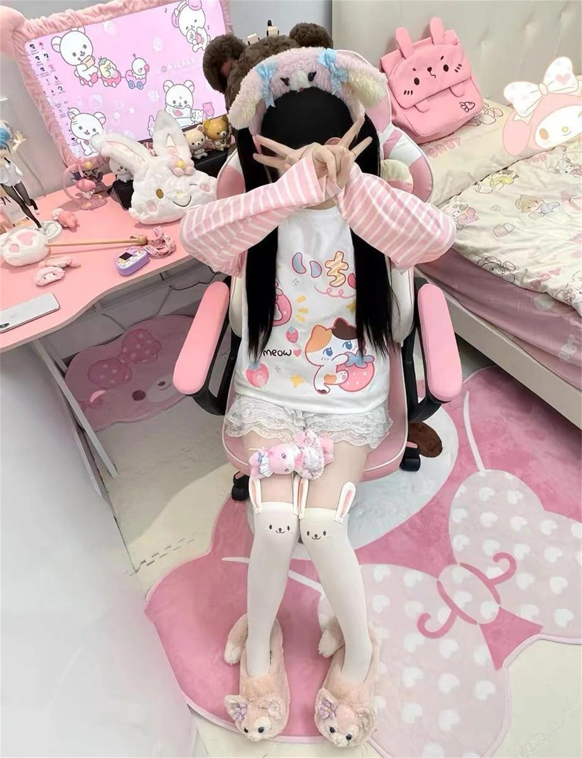 Kawaii dessin animé T-shirt Hip Hop rose T-shirt petit ami corée T-shirt à manches longues ample ray