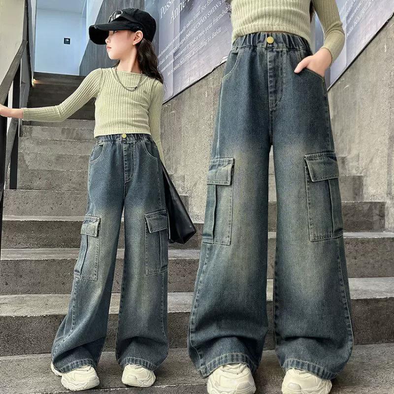 Jeans cargo pour filles, pantalons en denim à jambes larges pour enfants, vêtements de rue tendance 