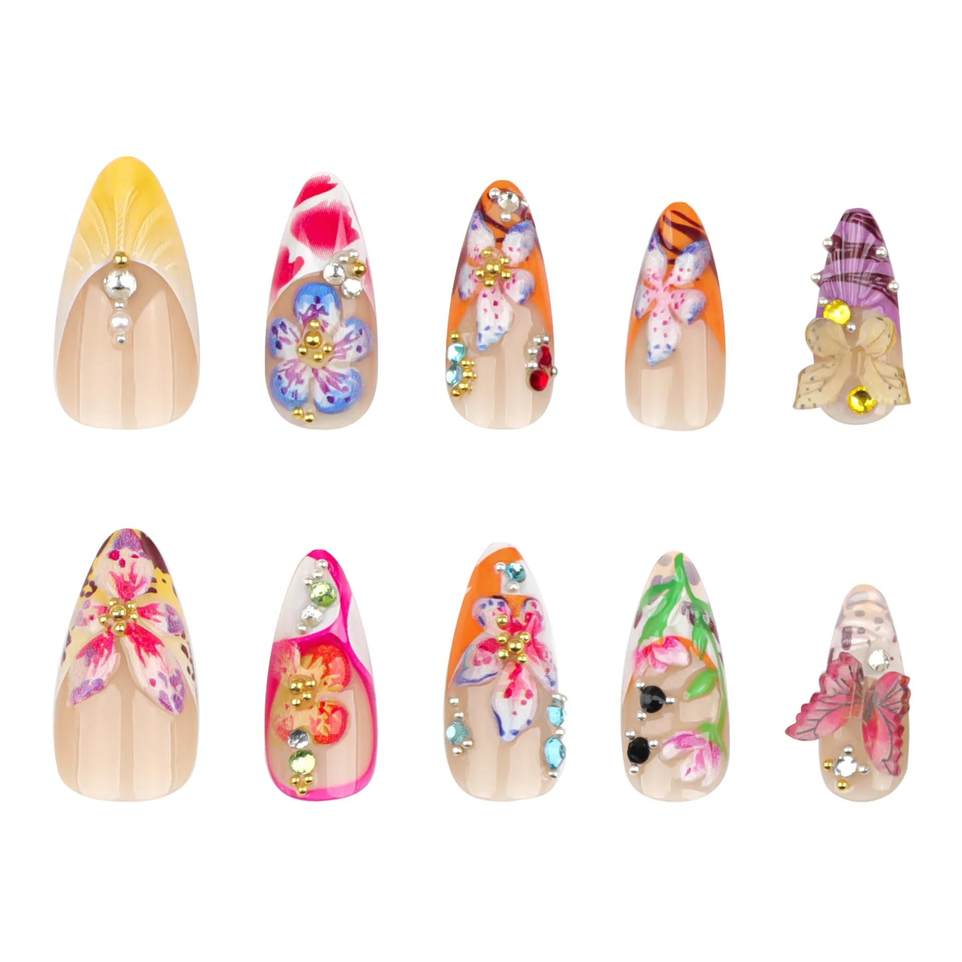 24 pièces fleur tropicale presse sur ongles coloré français 3D cristal papillon coquilles motif impr