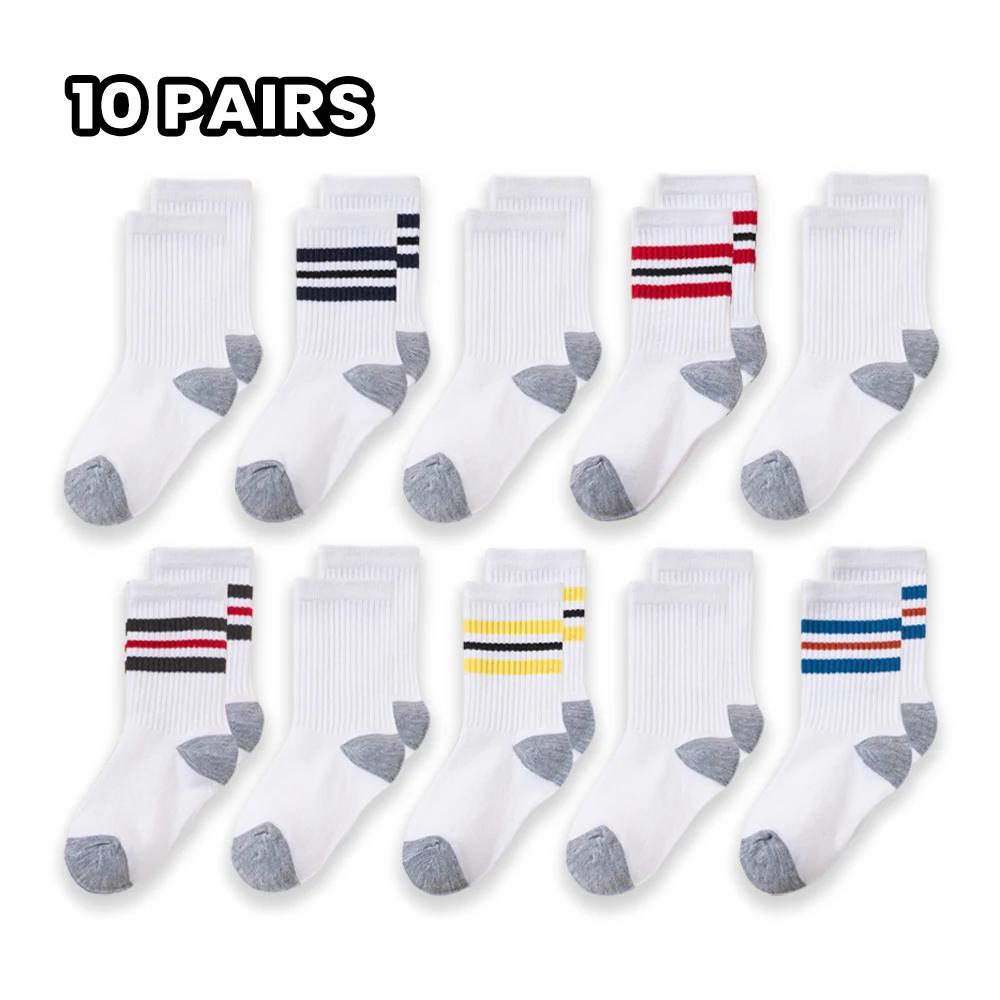 10 paires de chaussettes mi-mollet de sport pour enfants, design classique rayé et coloré, adaptées 
