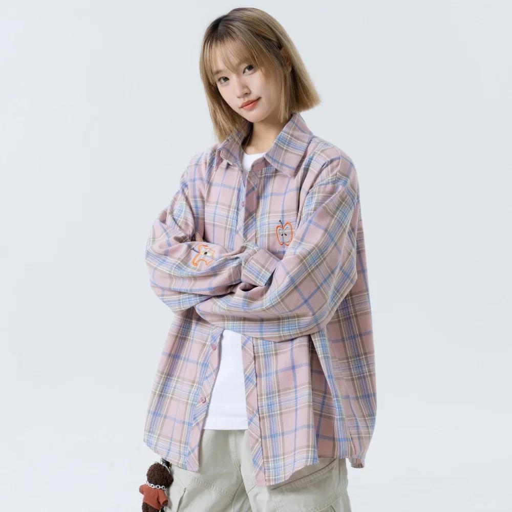 Chemisier à carreaux oversize pour femme avec broderie pomme – Blouses et chemises décontractées ten