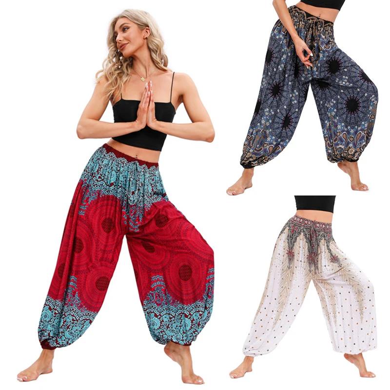 Pantalon de yoga style bohème pour femmes, taille haute, imprimé, embau, tenue de plage
