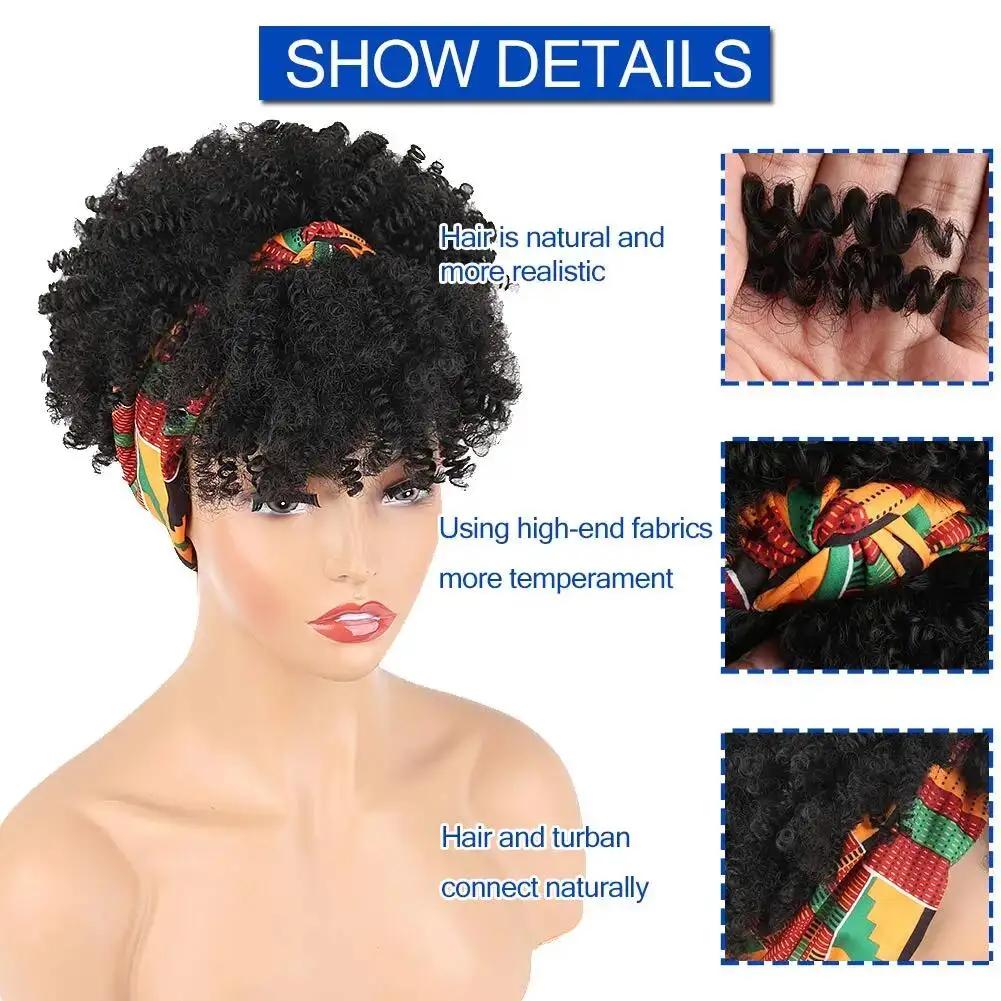 Perruque de cheveux bouclés pour femmes noires avec foulard et pompon, perruque enveloppée 2 en 1, p